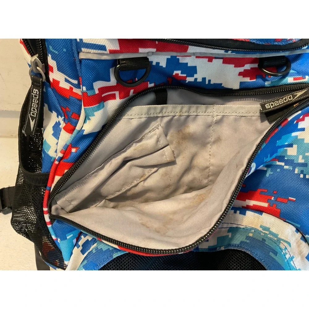 Speedo Teamster 35L Swim Backpack and Kickboard Red White Blue Digital Camo Set